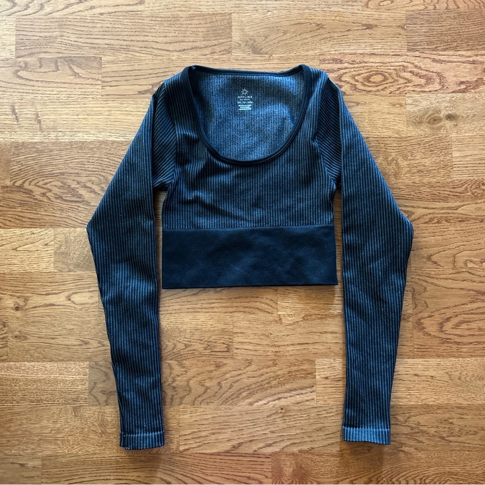 Aerie Offline Sidewalk Seamless Ribbed Scoop Crop Top Long Sleeve Shirt Black